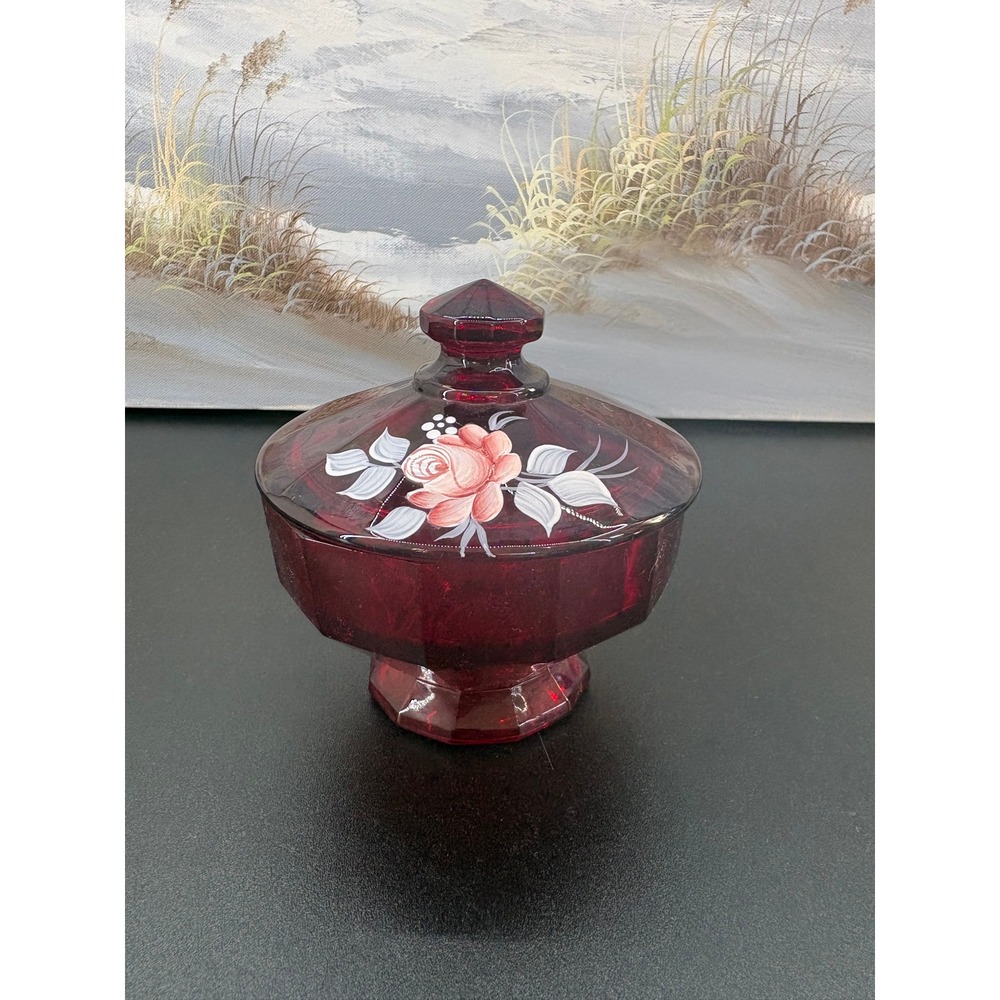 Vintage Ruby Red Glass Candy Dish Han Painted Floral Signed R Pau 1979 F